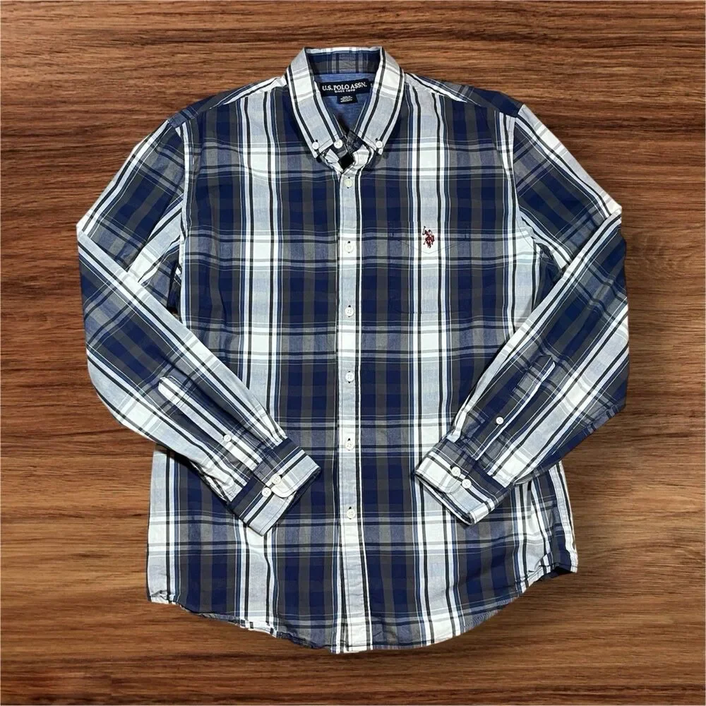 U.S. Polo Assn. Mens Classic Navy‎ Plaid Long Sleeve Button-Down Shirt Men’s L